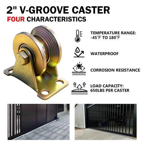 4 Pack Beefy 2 Inch V Groove Casters showing corrosion resistance and waterproof features for sliding gates and heavy machinery.