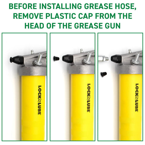 LockNLube Premium Pistol-Grip Grease Gun front view; yellow barrel, gray head, black nozzle.
LockNLube grease gun side view; yellow barrel, gray head, and detached black coupler cap nearby.
LockNLube grease gun close-up of head with detached black nozzle cap and visible hose connection, yellow barrel.