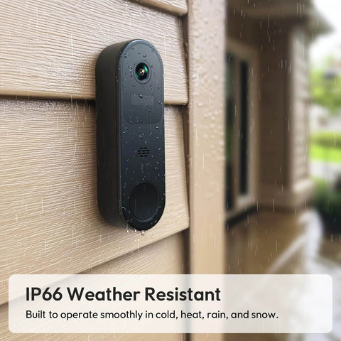 2K HD Battery Wireless Doorbell Camera With Ring Chime mounted on wall, showing weather resistance and live viewing setup
