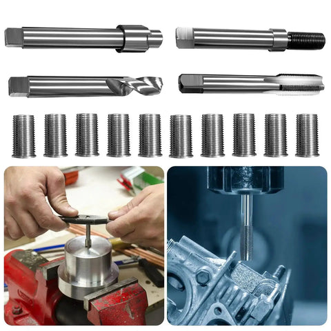 M12x1.5 Thread Repair Kit With 24.5mm Stainless Steel Inserts, DIY Auto Fix For Damaged M12 Female Threads, Simple Drill Friendly Repair Toolset, Includes 10 Inserts For Quick Home Or Shop Repairs tools and inserts displayed with usage examples on automotive parts