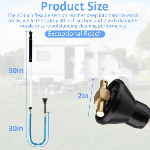 RV black tank cleaning wand with 304 stainless steel shaft, sealing ring, brass nozzle head, and blue flexible hose.