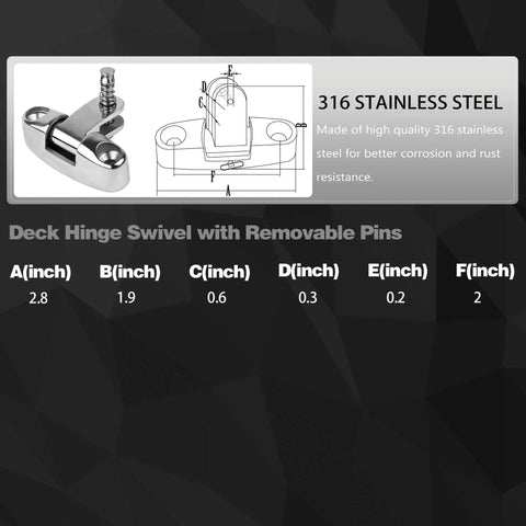 Beefy 316 Stainless Steel Bimini Top Swivel Deck Hinge With Removable Pin For 180 Degree Adjustable Side Mount Quick Release Hardware Screws For Boats Laorde, dimensions and diagram included.