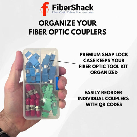 FiberShack fiber optic coupler kit in clear snap-lock case; blue and green connectors with red ferrules, 26 couplers.