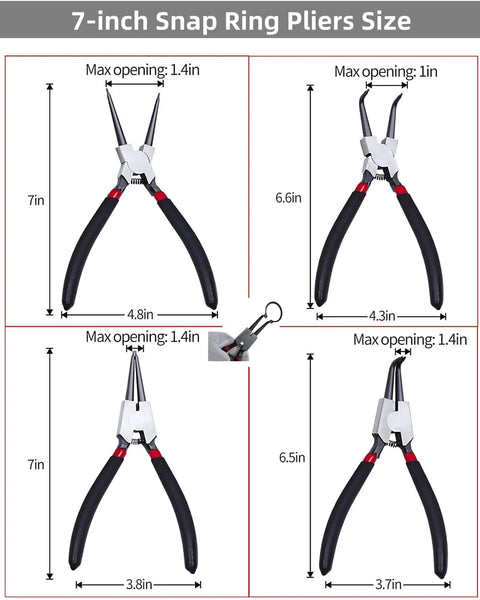 4 Piece 7 Inch Snap Ring Pliers Set With Internal And External Circlip Pliers, Straight And 90 Degree Angled Jaws sizes shown