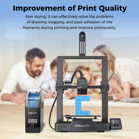 Filament Dryer Box Pro with Fan for 3D printing, 360 degree heating dehydrator for 1.75/2.85mm PETG PLA TPU ABS Nylon shown next to printer.