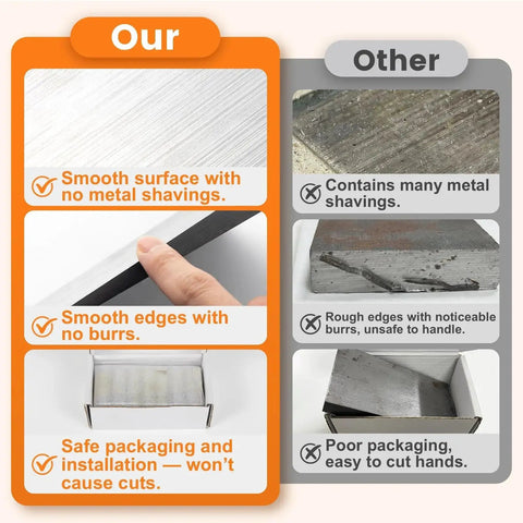 Comparison of smooth, burr-free steel wedges versus rough, metal-shaving covered alternatives in packaging and edge detail.