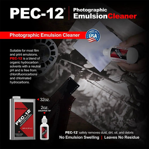 PEC-12 Photographic Emulsion Cleaner shown with dropper bottle and film cleaning illustration.