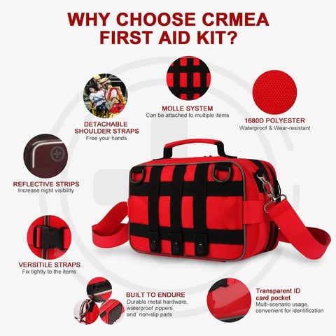 Image of a 516 Piece First Aid Kit with waterproof red case, MOLLE system, detachable shoulder straps, labeled compartments, for car travel and home.