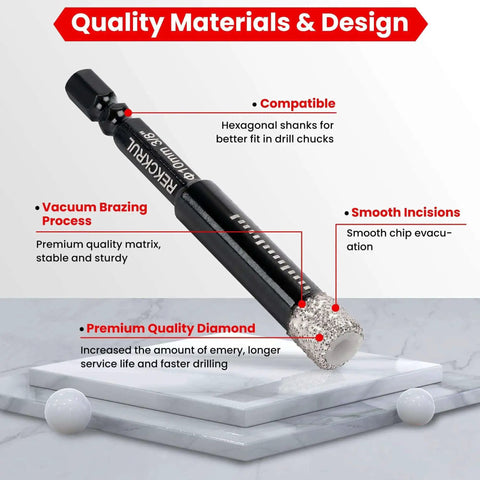 Premium 10 Pack Diamond Drill Bits Set For Ceramic Tile Glass Granite Marble Brick And Stone With Quarter Inch Five Sixteenths Inch Three Eighths Inch And Half Inch Diameters And One Quarter Hex Shank Core Bits For Dry And Wet Drilling Rekckrul, featuring detailed view of quality materials and hexagonal shank design.