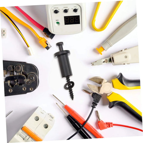 Electrical tools and connectors including pliers, crimpers, and a digital voltage meter on a white background.