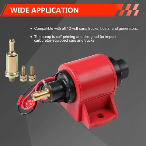 Beefy 12V Fuel Pump Delivers Five To Nine PSI At Thirty Five GPH For Gasoline And Diesel Engines with fittings, front view