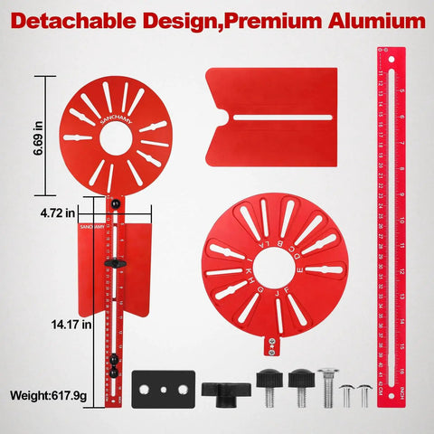 5 In 1 Router Circle Cutting Jig For Cutting And Routing Circles And Grooves, Easy To Use Multi Function Aluminum Jig For Straight And Round Edge Profiles, Adjustable Guide For Woodworking Edging Projects laid out with dimensions
