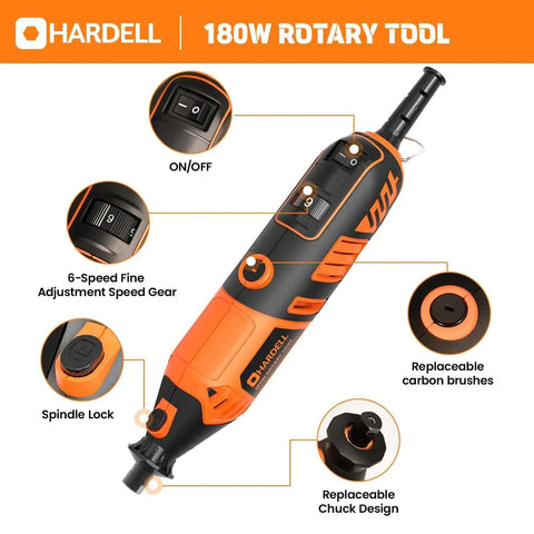 Powerful 180W Corded Rotary Tool Kit With 6 Speed Settings And 61 Accessories 8000 To 35000 RPM For Sanding Polishing Cutting Engraving Carving And DIY Projects Orange by Hardell, showing assorted features and controls.