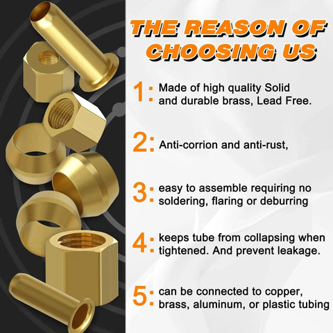 Brass Compression Fittings Kit, 280 Pieces, Six Sizes; durable brass components displayed with benefits of lead-free, anti-rust.