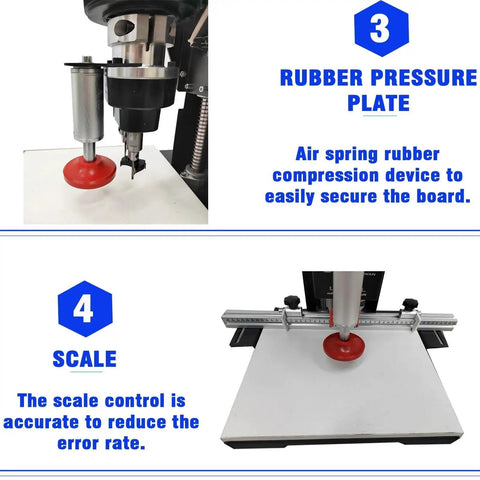 Powerful Portable 110V 1100W Hinge Drilling And Boring Machine For Cabinets And Wardrobes Self Stop 0 To 40 Mm Depth 48-6 Drill Model 2840 Rpm Copper Motor A Real Workhorse For Diy Installations showing rubber pressure plate and scale for precision.