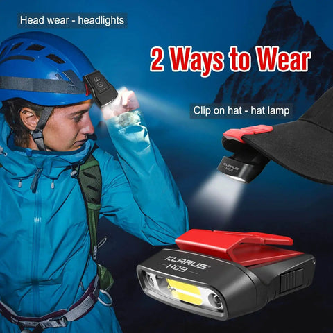 Rechargeable Motion Sensor Cap Visor Light With 100 Lumen COB LED Clip On Hat Light shown worn on helmet and hat