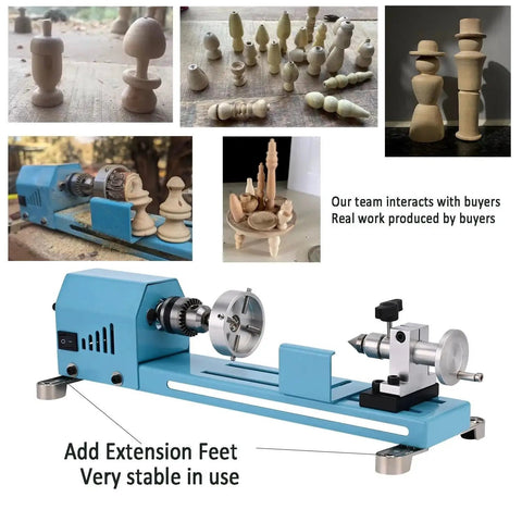 Compact Mini Wood Lathe Machine For DIY Projects shown with various small wood models, blue desktop design, 96W motor visible.