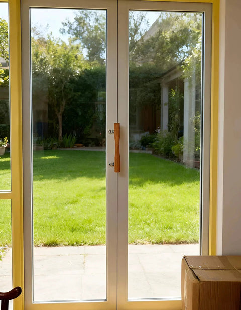 Natural Solid Wood Sliding Patio Door Handle With Ergonomic Curved Grip installed on glass door with chrome brackets.