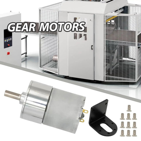 Powerful 12V DC Geared Motor with bracket for robotics, 600 RPM, 37mm gearbox, shown with installation kit and machinery background.