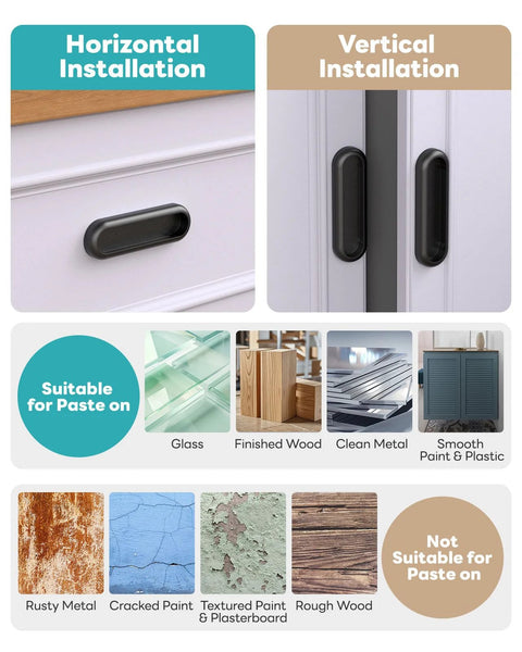 Stick-On 4 Inch Aluminum Drawer Pulls, One-Piece Rust-Proof Push-Pull Knobs For Kitchen Cabinets, Closets, Black, installation types