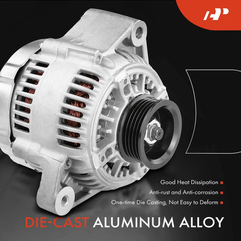 80 Amp 12 Volt Car Alternator For Toyota Camry 1994 1995 1996 And RAV4 1996 1997 1998 1999 2000 With 5 Groove Pulley Clockwise Rotation New Easy Swap Plug And Play, close-up view of die-cast aluminum construction.