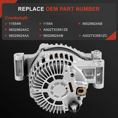 160A 12V High Output Alternator for 2.4L Chrysler 200 2015 2017 Fiat 500X 2016 2018 Jeep Cherokee Compass Renegade 2014 2018 and Ram ProMaster City 2015 2022 Replaces 56029624AB 56029624AC A002TX3581ZE A2TX3581ZE shown from side angle