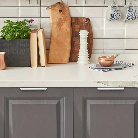Kitchen view with concealed cabinet featuring 10 pack finger pulls for cabinets and drawers 128mm center hole 150mm length silver zinc alloy edge pulls
