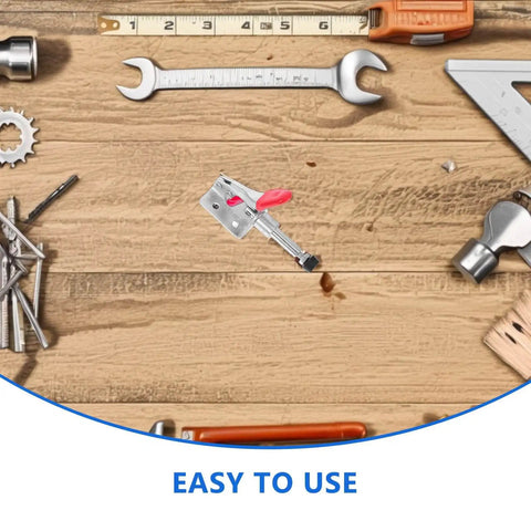 4 Piece Heavy Duty Toggle Clamps Set Iron Push Pull Fixed Workholding Devices for woodworking on a tool bench with tools.