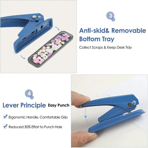 Handy One Quarter Inch Hole Punch for Paper and Craft Projects 20 Sheet Capacity Slim Handheld Punch with Non-Slip Base, blue design, ergonomic grip, removable tray.