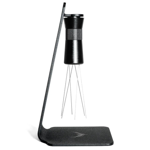 Magnetic WDT Tool for Espresso Puck Prep with 120 degree adjustable angle, includes 0.25mm and 0.40mm needles, shown on stand.