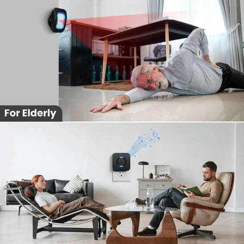 Motion Sensor LED Light With Wireless Alarm Chimes And 500 Ft Range, demonstrating fall detection for elderly
