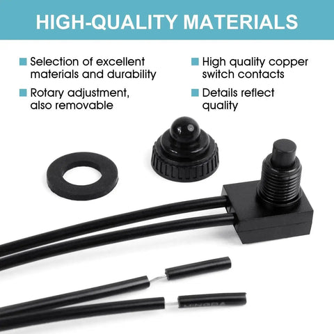 Waterproof 12V Push Button Switch On Off SPST With 4.5 Inch Leads, gaskets, and copper contacts, highlighting quality materials