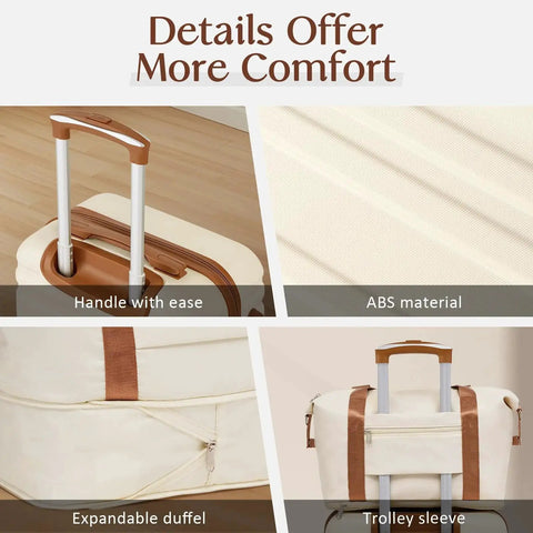 Lightweight Softside 3 Piece Luggage Set details showing handle, ABS material, expandable duffel, and trolley sleeve in white finish.