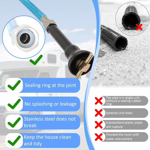RV black tank cleaning wand with 304 stainless steel build, sealing ring at joint, and flexible hose.