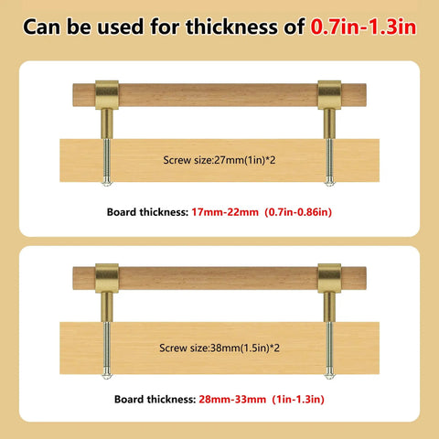 Beech Wood Drawer Pulls 10 Pack Gold Finish Cabinet Handles installation guide with screw and board thickness details