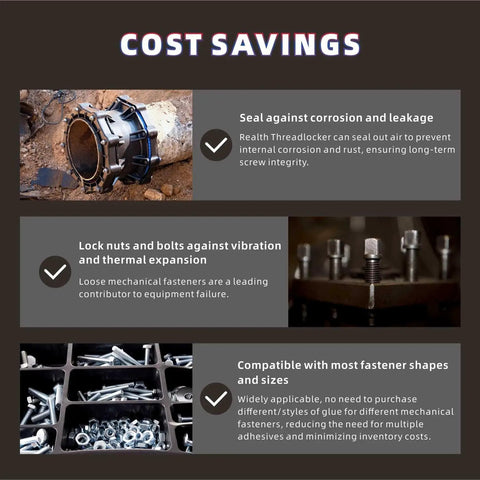 Cost savings features of 3 Pack Thread Locker Set 10ml Each Red Purple Blue High Medium Low Strength for Metal Fasteners Nuts Bolts Prevent Loosening and Seal Automotive Motorcycle RC Car Projects for a Secure Vibration Resistant Fit shown with examples of sealing, locking, and compatibility.