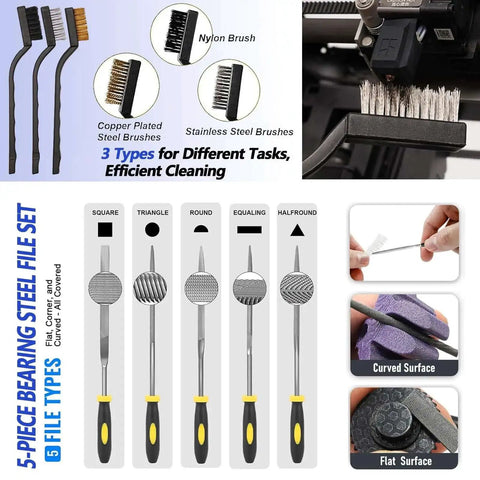 Steel brushes and files from All In One 82 Piece 3D Printer Tool Kit In Durable Case With PTFE Cutter Deburring Tools for FDM printers