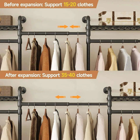 Wall Mounted Garment Rack With Four Expandable Rods And Eight Adjustable Shelves, before and after expansion, black metal