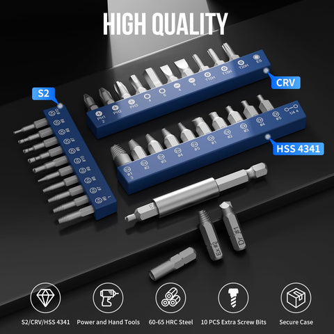 Damaged Screw Extractor Set For Easy Removal Of Rusty Stripped Screws Nuts And Bolts With Magnetic Extension Shaft And Socket Adapter 32 Piece HSS 4341 Tools By STREBITO Screwdriver Bits Included displayed with components