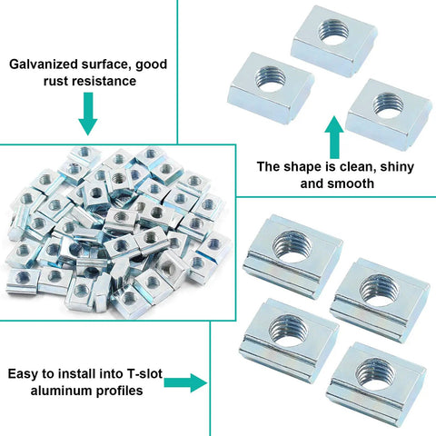 100 Pack Sliding T Nuts For 2020 Series Aluminum Extrusion M5 Thread Hammer Head T Nuts For T Slot 6mm, shown in various views.