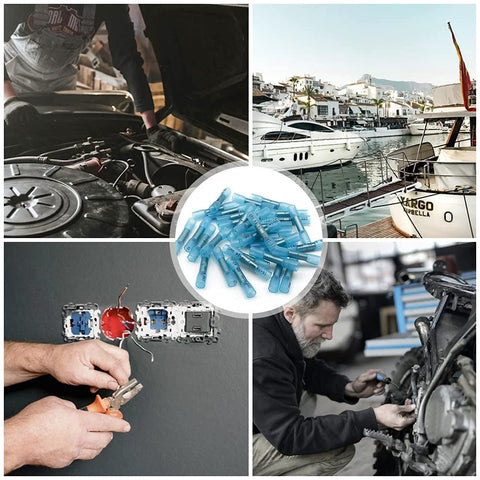 Blue heat-shrink butt connectors for 16-14 AWG, 100 pcs, marine waterproof crimp wire splices.