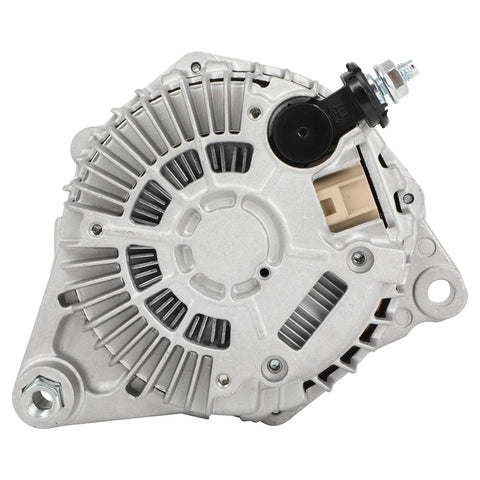110 Amp 12 Volt Alternator Replacement Drop In For Mazda 6 2009 To 2013 3.7L And Mazda CX 9 2007 To 2015 3.5L And 3.7L With 6 Groove Pulley CW Rotation Durable Auto Electrical Part showing front view with details of metal casing and connection points.