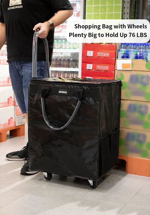 Large Black Reusable Grocery Bag On Wheels Foldable Rolling Tote With Zipper Closure, shown in a store aisle carrying items