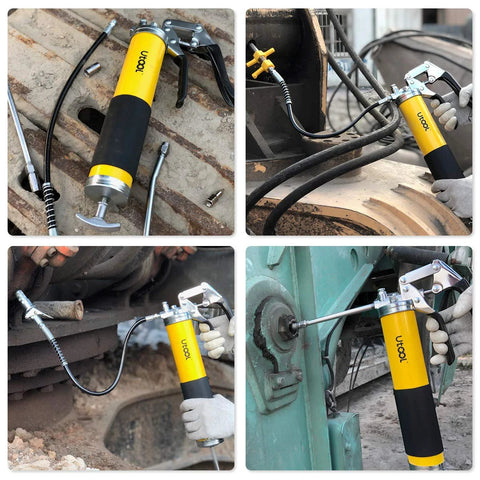 UTOOL grease gun with yellow argent matte finish and black grip, 18-inch resin hose, accessories laid out

UTOOL grease gun in use, connected to hoses on heavy equipment; yellow body, black grip

Worker greasing machinery with UTOOL grease gun; yellow body, silver nozzle, gloves

UTOOL grease gun lubricating green industrial equipment; yellow body, black grip, installed