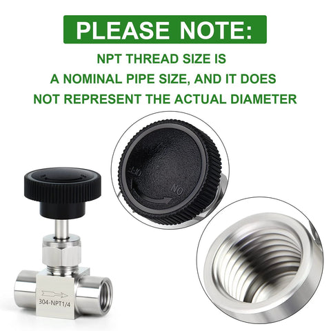 TAISHER 304 stainless steel straight needle valve, front view, 1/4 in female NPT, flow control, with nipple