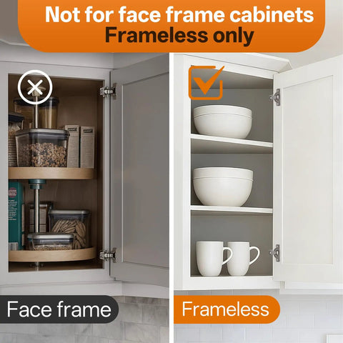 Comparison of face frame cabinets and frameless cabinets with 2 Pack 45 Degree Corner Cabinet Hinges for Frameless Diagonal Wall Cabinets.