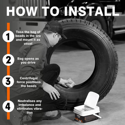 Man installing Tempered Glass Tire Balancing Beads Bulk Tub 17.6 Lb 8 Kg Pro Install No Wheel Weights Needed TPMS Compatible Durable Beads