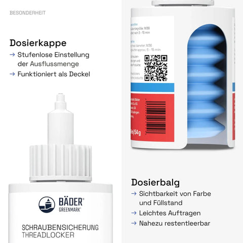 Close-up of BÄDER B243Eco Blue Medium Strength Thread Locker cap and side view, showing dosing features and fluorescent finish.