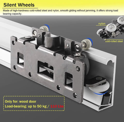 Trackless Invisible Sliding Ghost Door Kit With Soft Close Concealed Barn Door Hardware System showing nylon rollers and steel frame