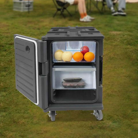 Insulated Food Pan Carrier 95 Qt Front Loading Hot Box with open door, showing interior shelves holding fruits, on grassy setting